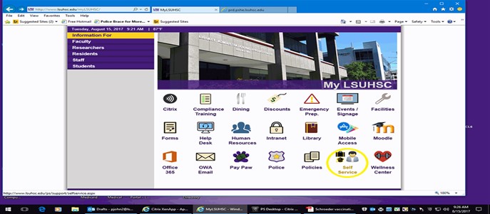 Image of MyLSUHSC webpage with Self-Service icon circled