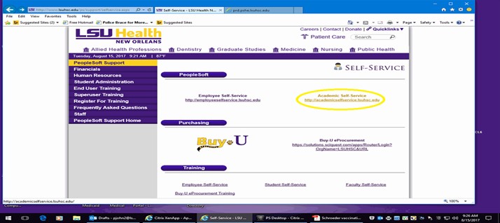Image of Self-Service webpage with Academic Self-Service circled